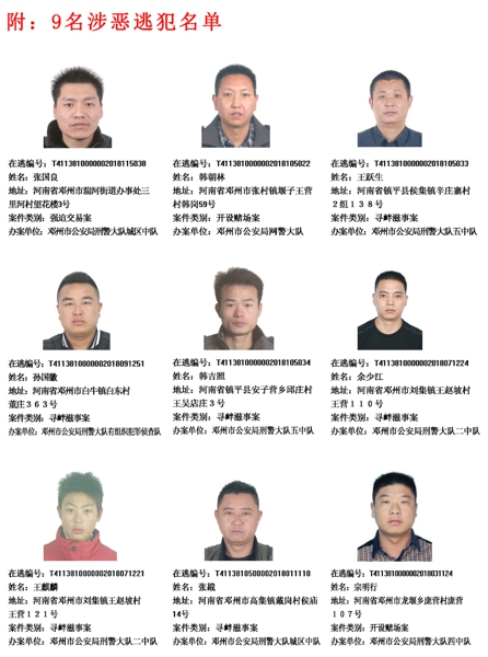 邓州市公安局通缉令，全城公开通缉这9名逃犯！
